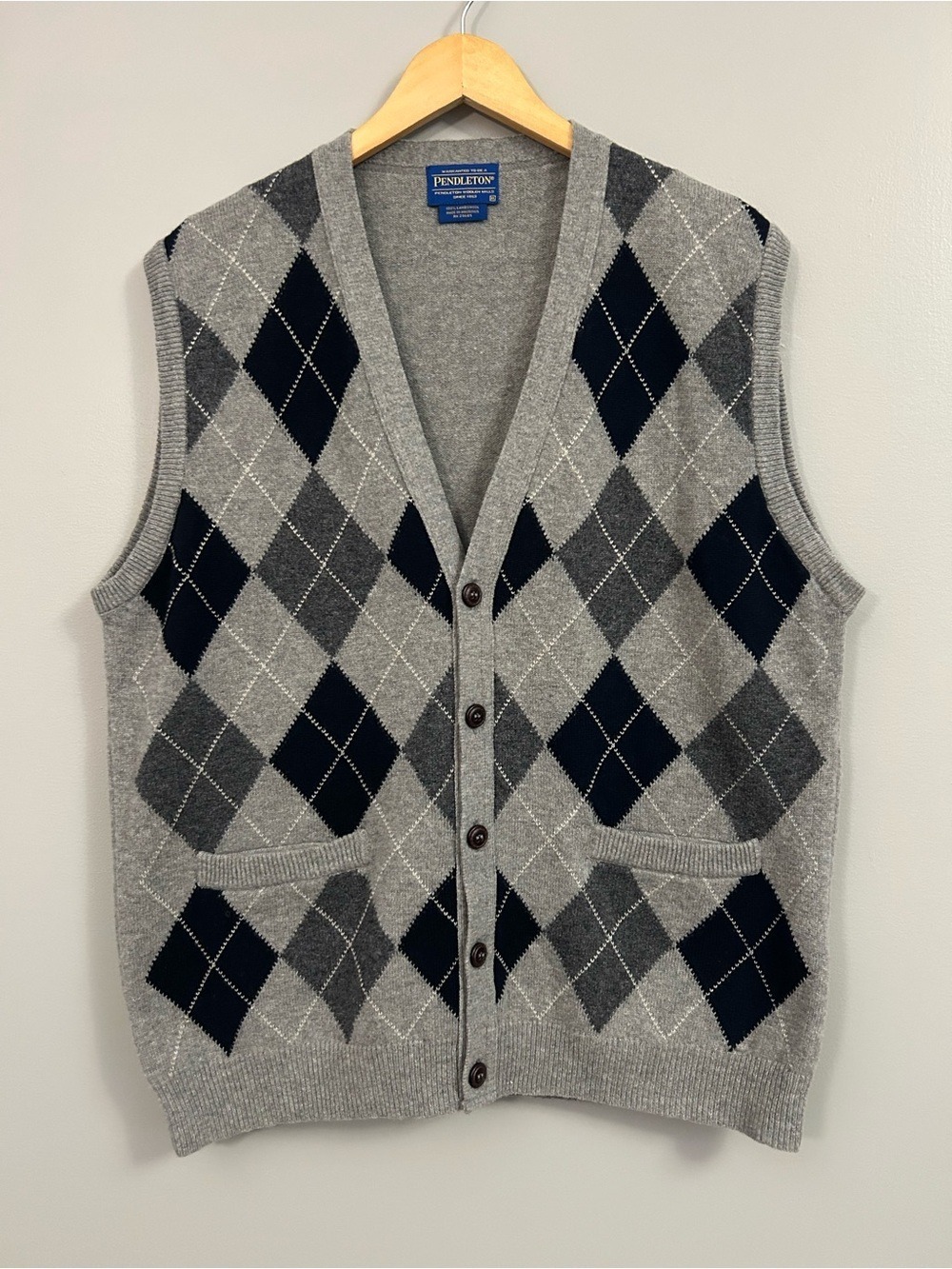 Pendleton Gray & Navy Argyle Wool Button Vest Size XL